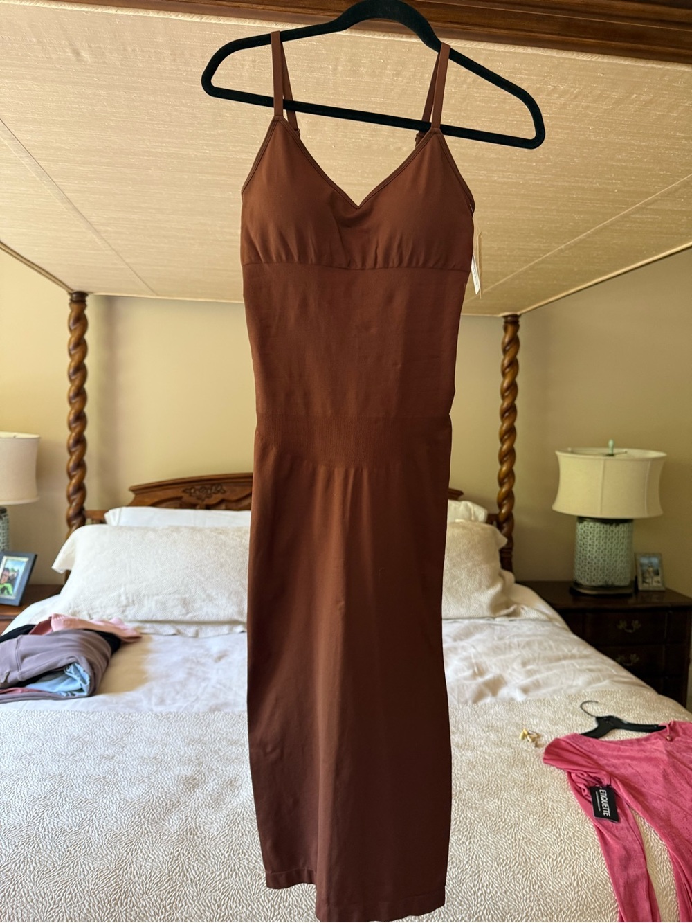 Sleek Brown Midi Slip Dress with V-Neck